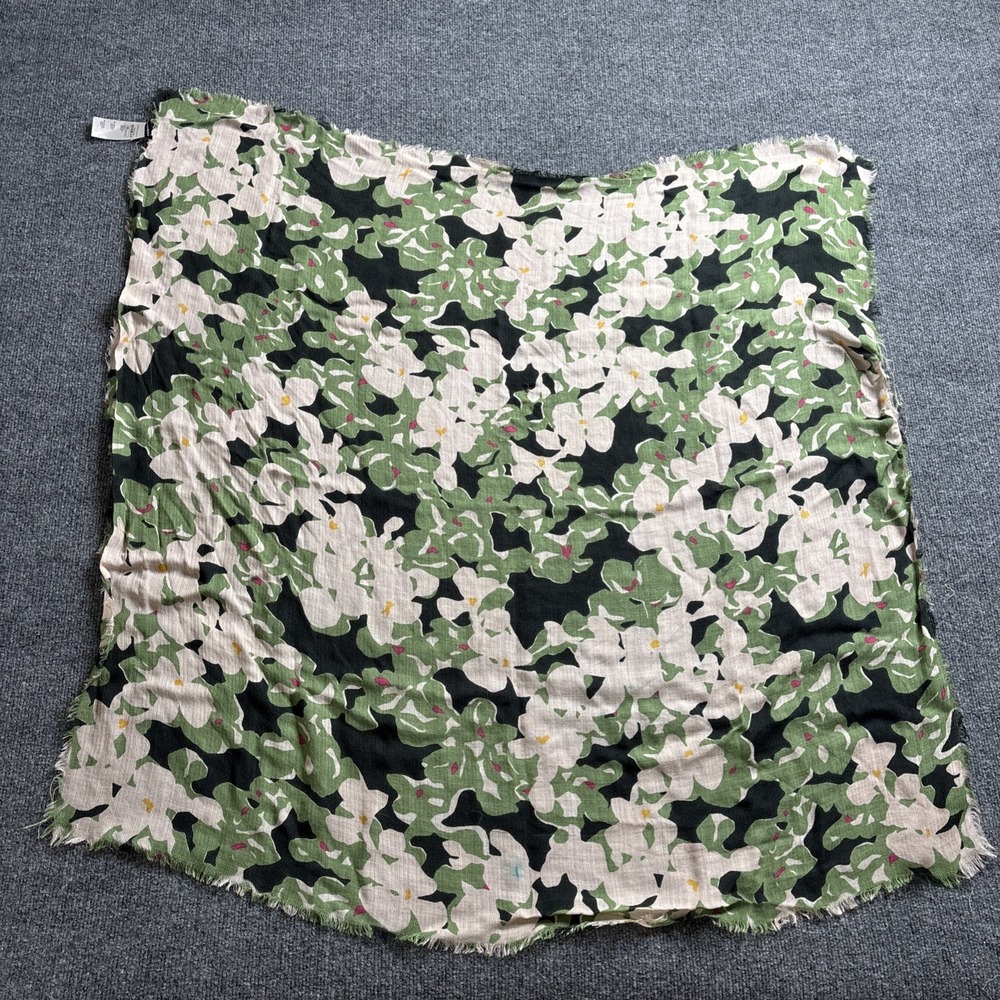 Marimekko Juhanala Neliohuivi Scarf Wool Silk Modal Fringe Floral Green